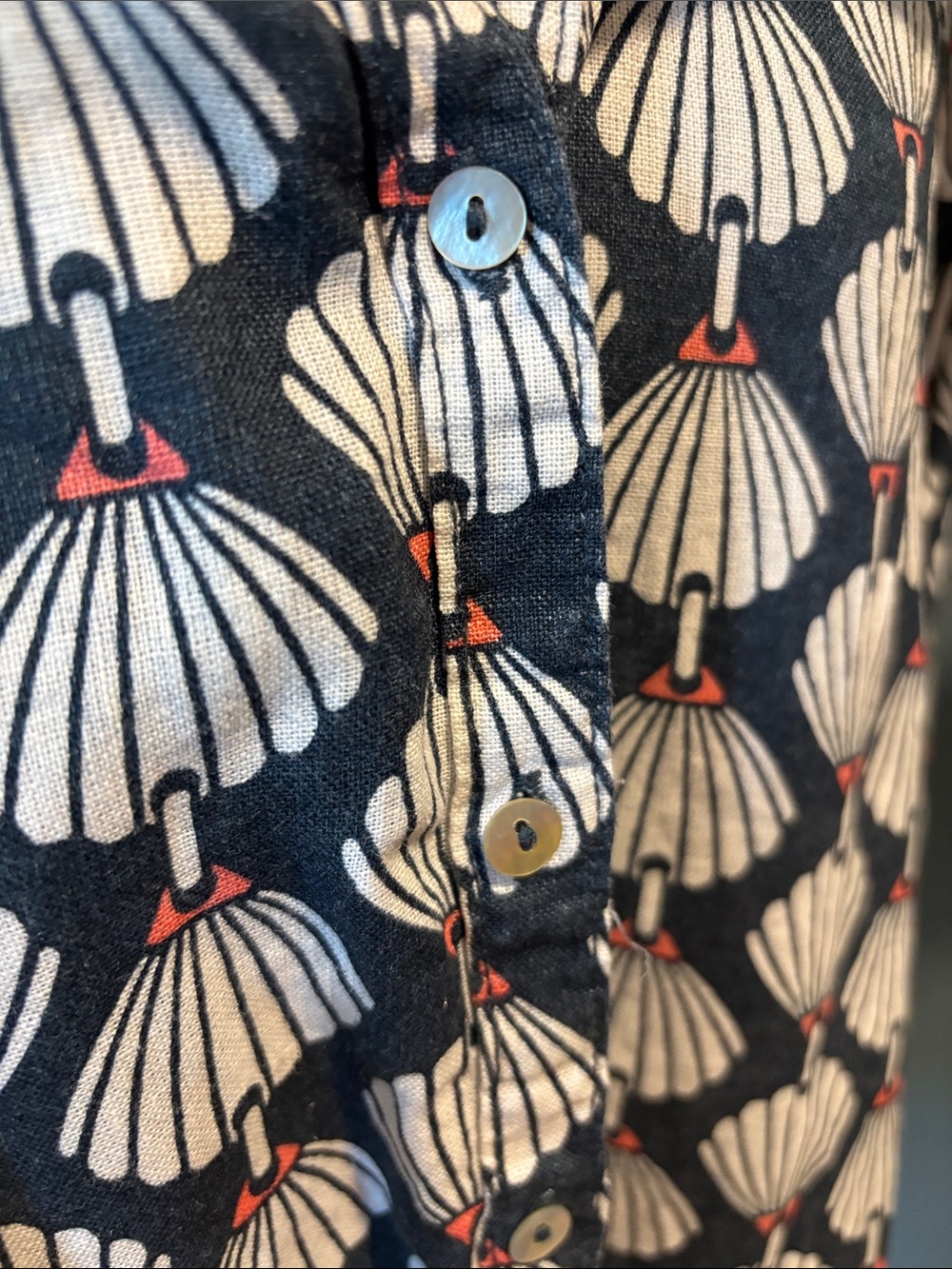 Martha Stewart Navy Button-Down Shirt with White Shell Motif and Red Dot Accents - Picture 6 of 7